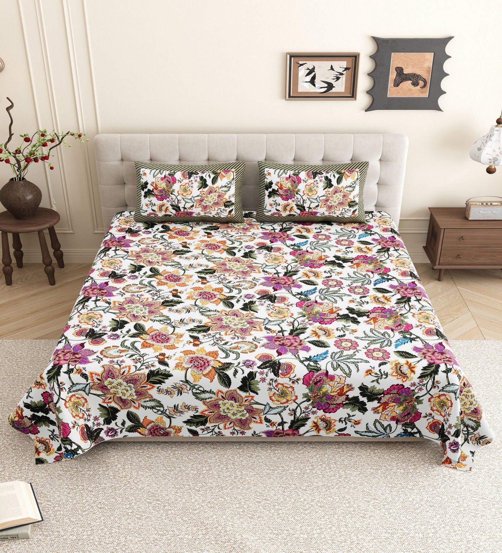 Off-white Floral 144 TC Cotton King Size  King Size Bedsheet With 2 Pillow Cover