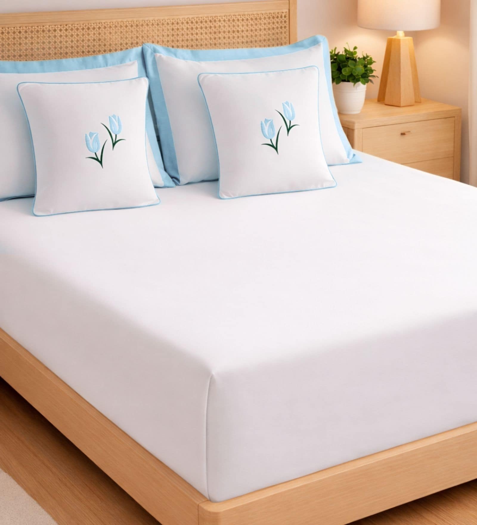White With Aqua Blue 1000 Tc Cotton Contrast Bedsheet Set With 2 Pillow Covers & 2 Cushion Covers