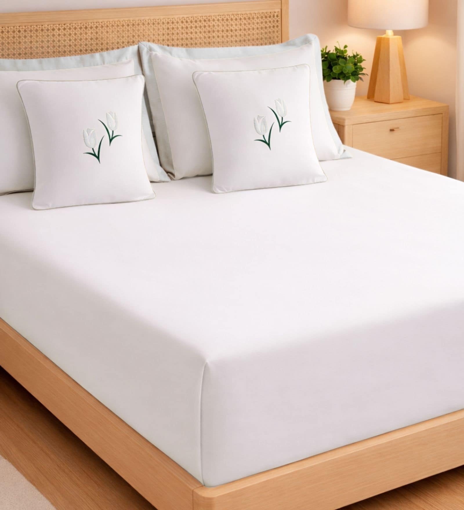 White 1000 Tc Cotton Contrast Bedsheet Set With 2 Pillow Covers & 2 Cushion Covers