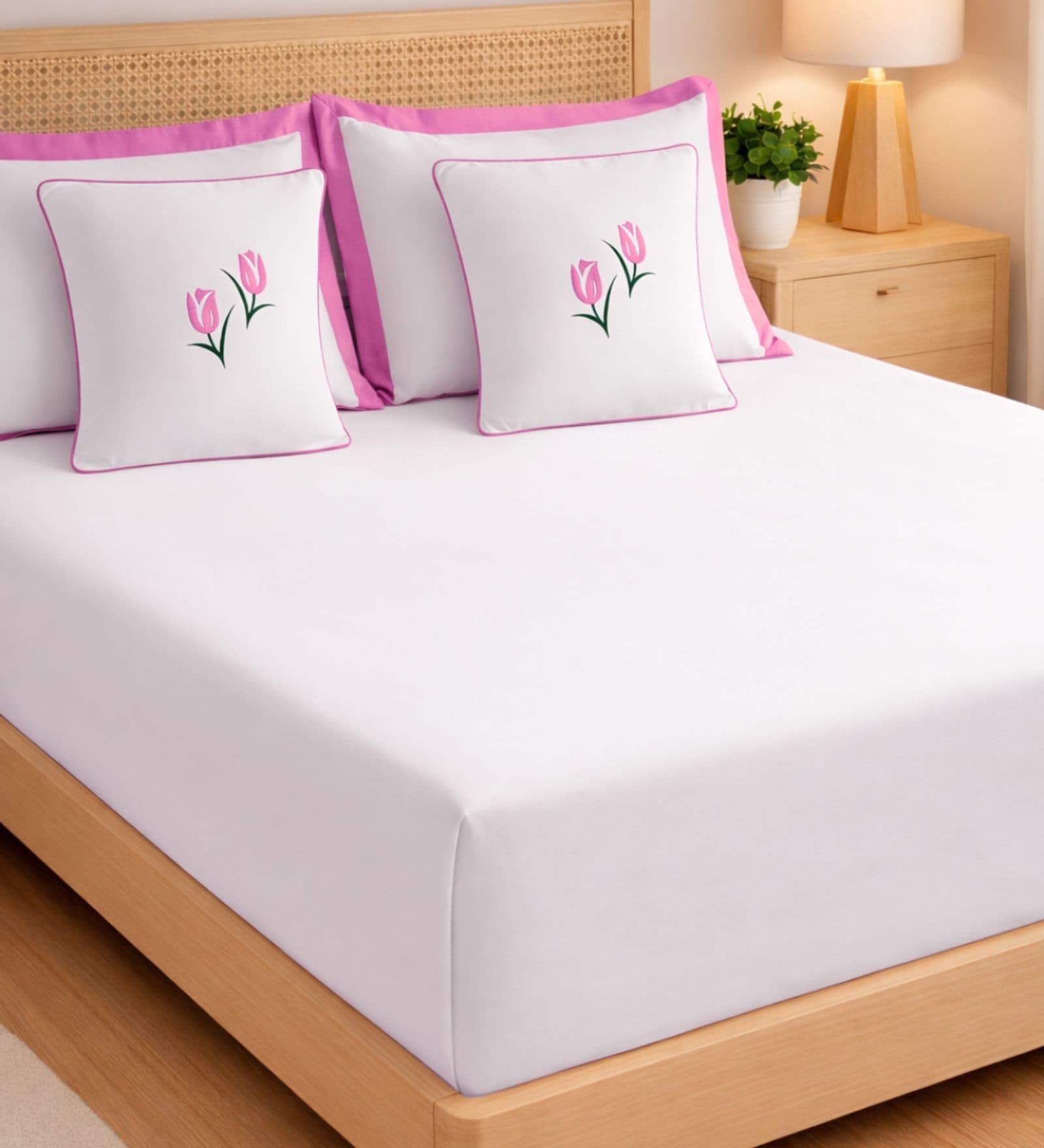Lavender 1000 Tc Cotton Contrast Bedsheet Set With 2 Pillow Covers & 2 Cushion Covers