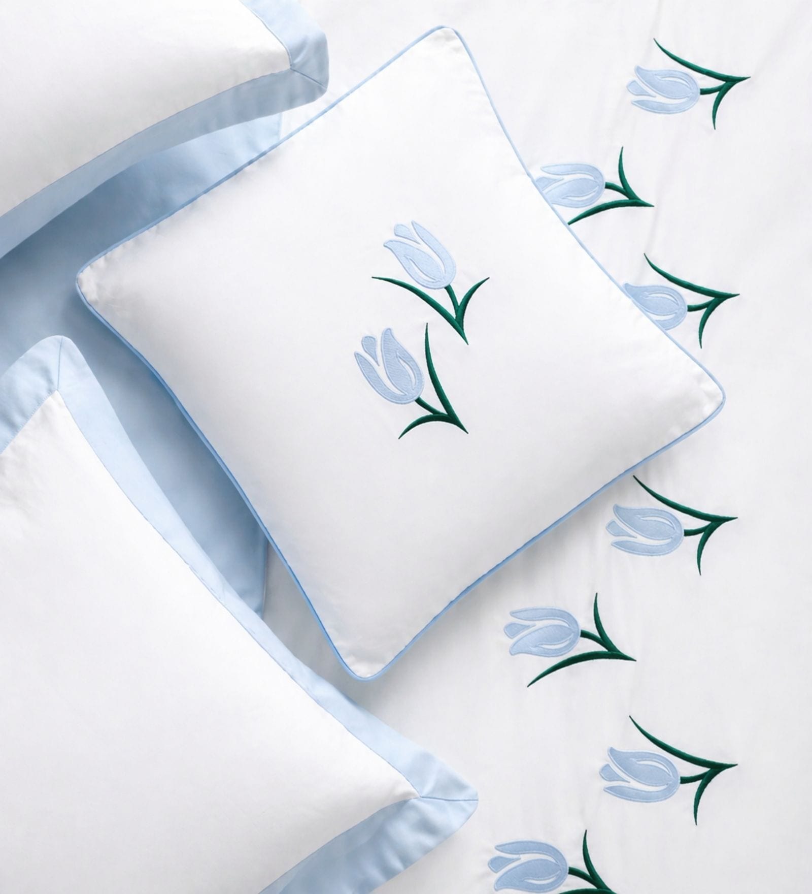 White With Aqua Blue 1000 Tc Cotton Tulip Embroidered Cushion Cover Pair