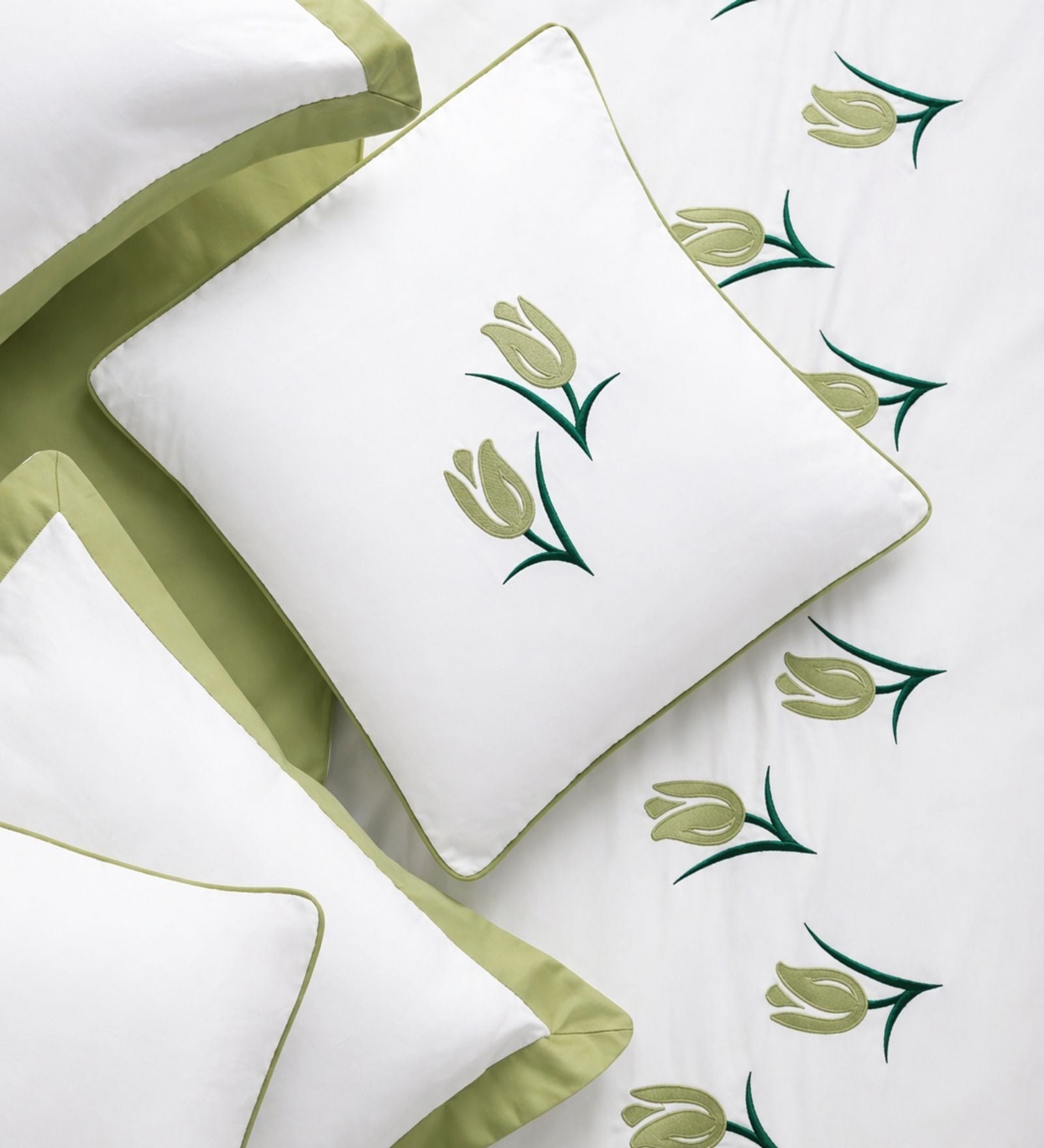 Olive Green 1000 Tc Cotton Tulip Embroidered Cushion Cover Pair