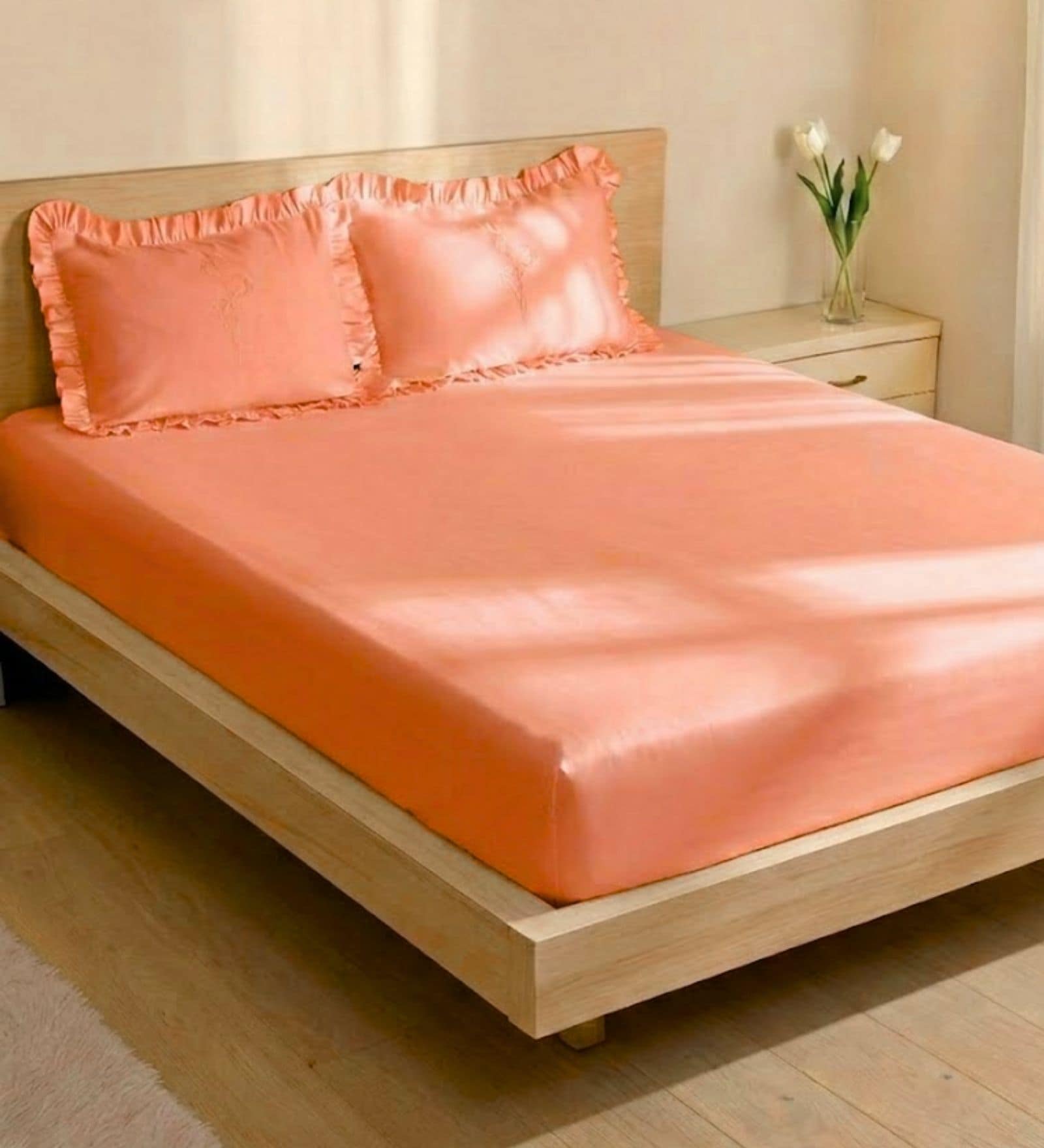Peach 1000 Tc Cotton Bedsheet Set With 2 Pillow Covers & 2 Embroidered Cushion Covers