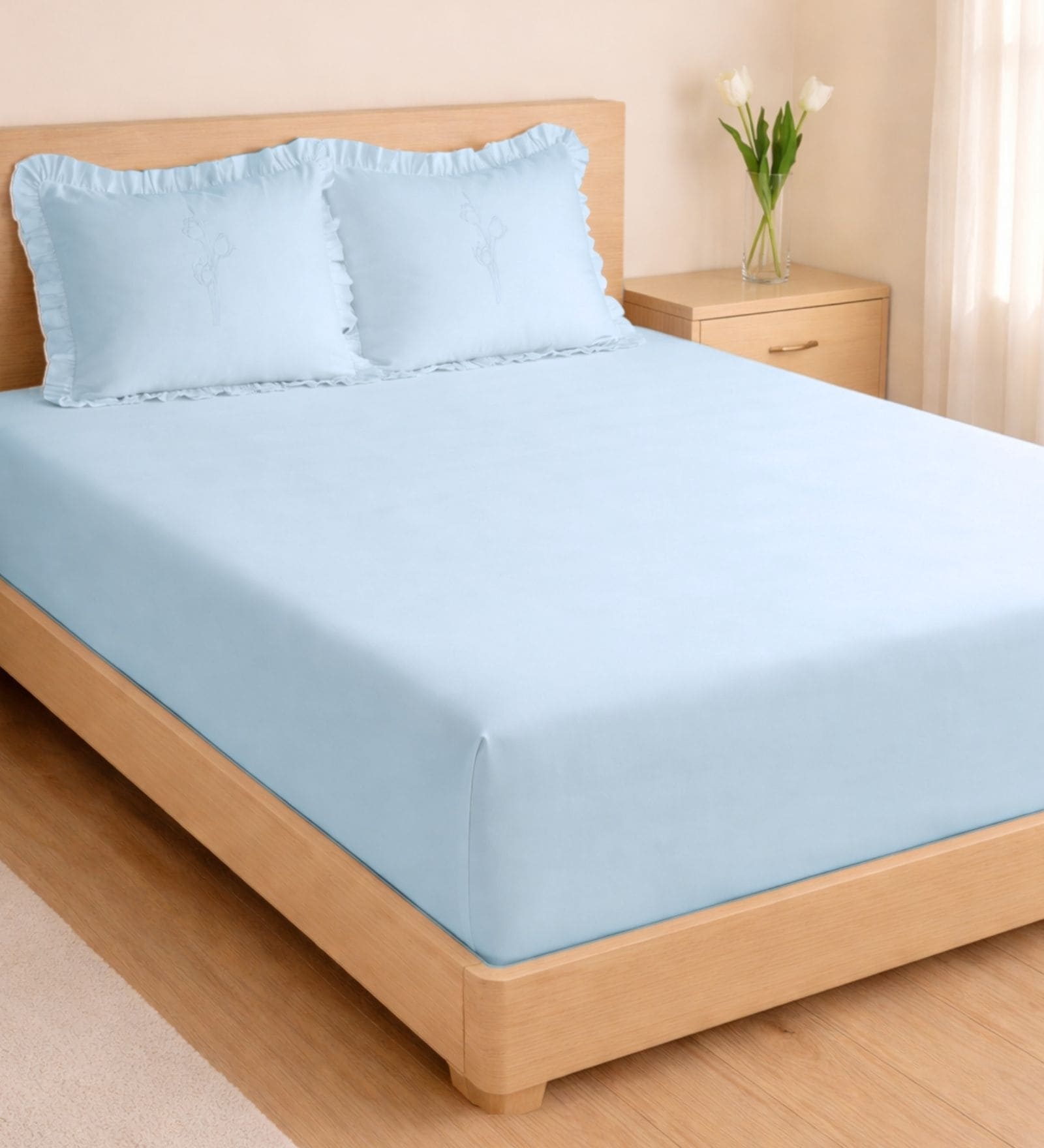 Aqua Blue 1000 Tc Cotton Bedsheet Set With 2 Pillow Covers & 2 Embroidered Cushion Covers