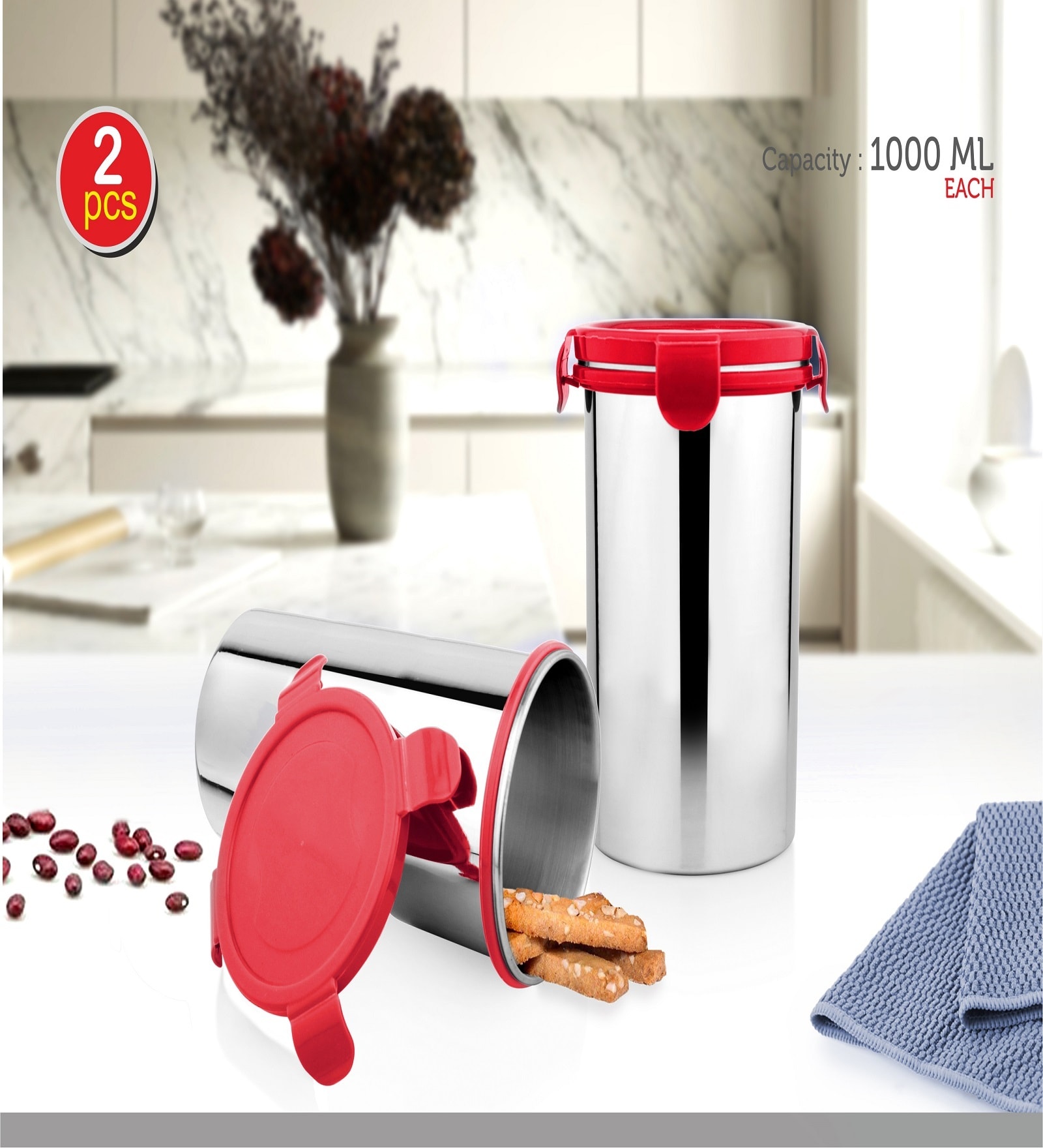 Buy 1000ml Red Plastic Stainless Steel Set Of 2 Clip Lock Canister   1000ml Red Plastic   Stainless Steel  Set Of 2  Clip Lock Canister 1000ml Red Plastic   Stainless St 9w9azs 