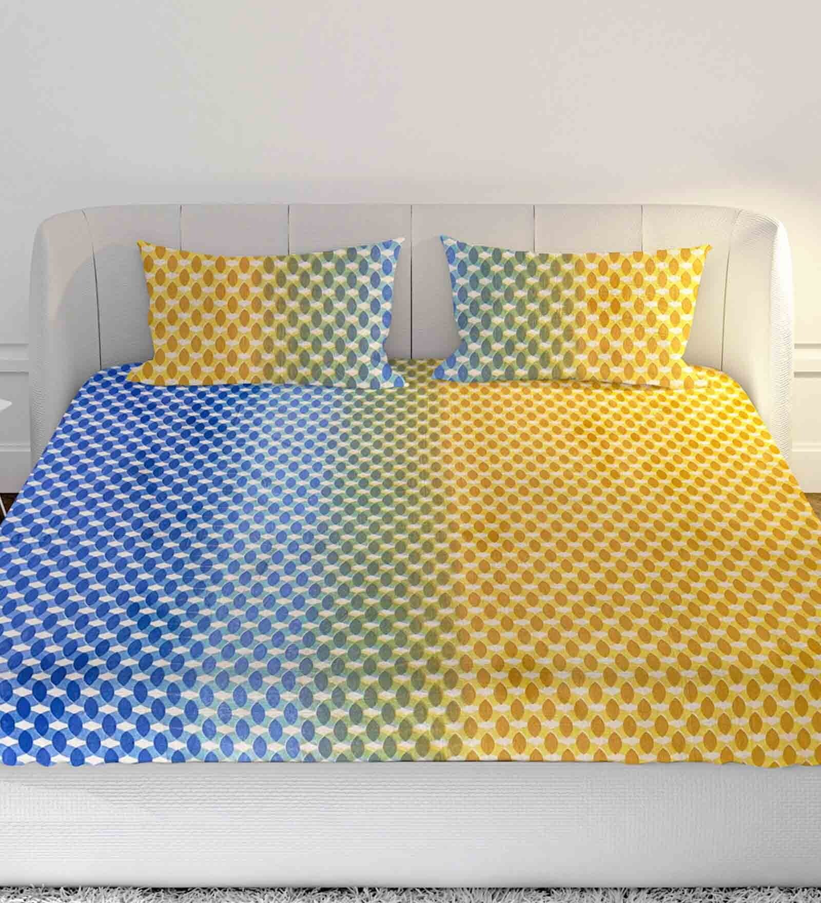 Buy Yellow & Blue Geometric 104 TC Cotton Double Size Bedsheet With 2