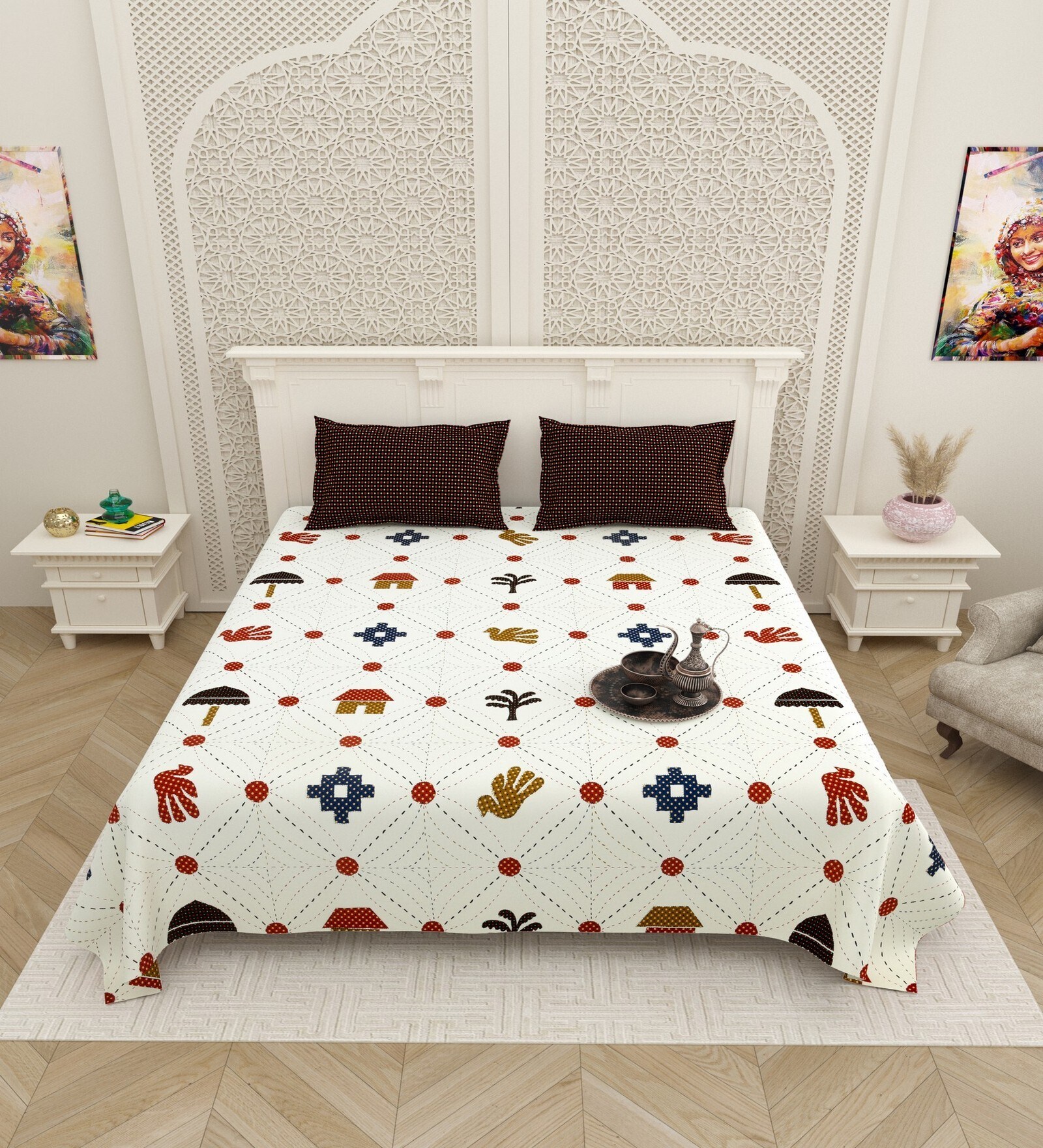 White Ethnic 144 TC Cotton King Size  Bedsheet With 2 Pillow Cover