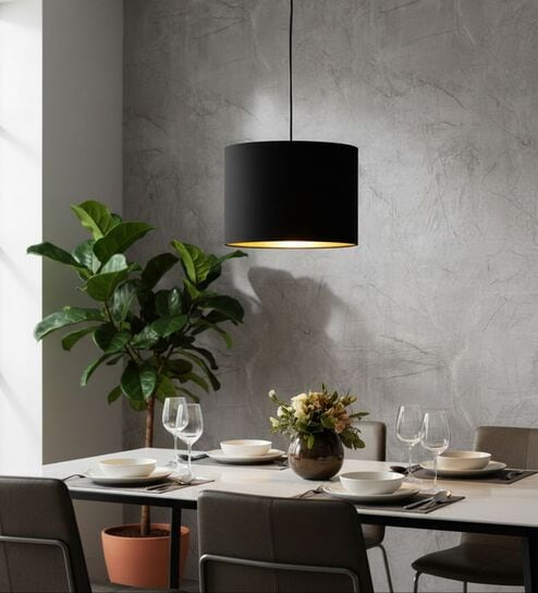 10-Inch Black Gold Fabric Drum Pendant Light, Modern Hanging Ceiling Lamp