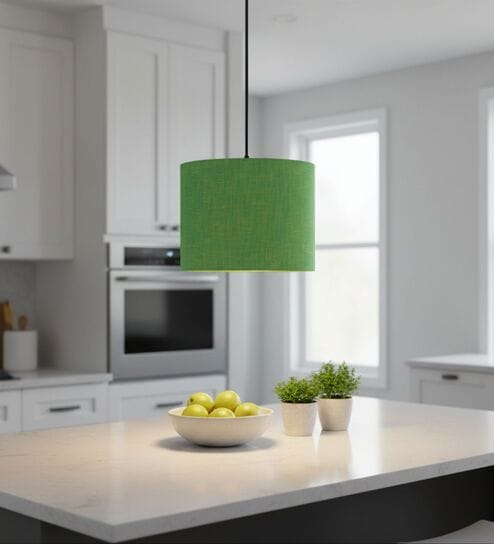 10-Inch Green Texture Fabric Drum Pendant Light, Modern Hanging Ceiling Lamp