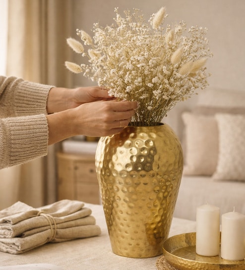 10 Inch Metal Hammered Vase - Golden
