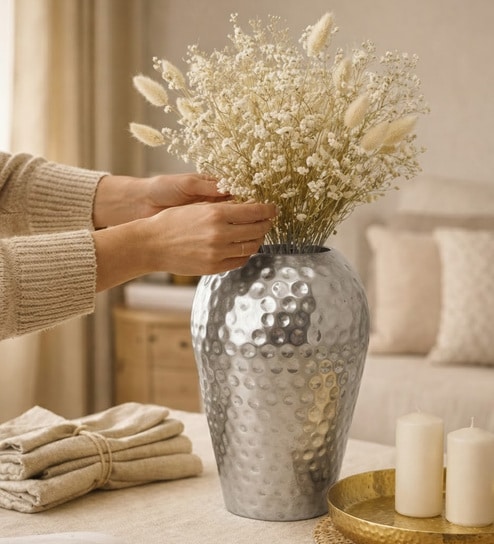 10 Inch Sivler Metal Hammered Vase