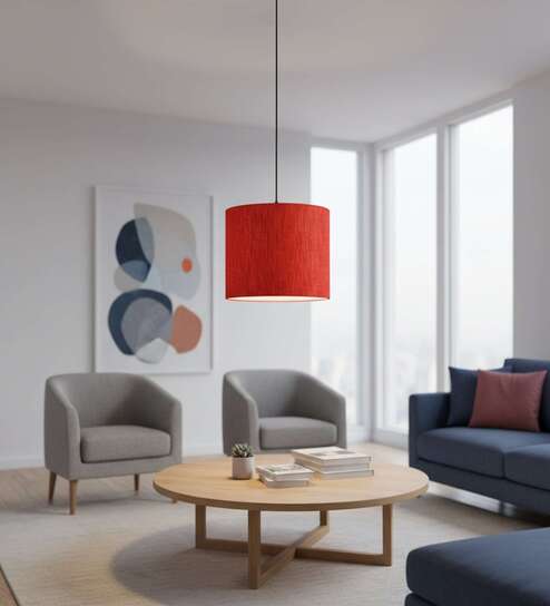 10-Inch Red Texture Fabric Drum Pendant Light, Modern Hanging Ceiling Lamp