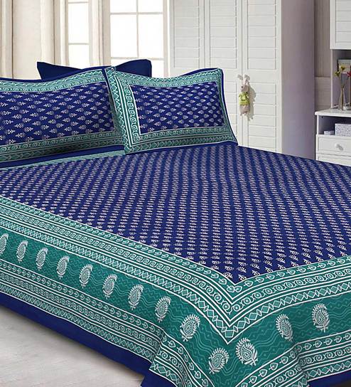 Blue Traditional 200 TC Cotton 1 Double Bedsheet with 2 Pillow Covers by Jaipur Fabric