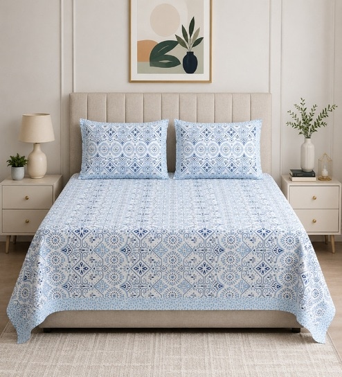 Blue Traditional 100% Cotton King Size Bedsheet with 2 Pillow Covers