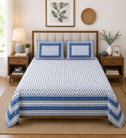 Blue Geometric 100% Cotton King Size Bedsheet with 2 Pillow Covers