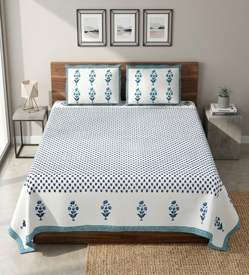 Blue Floral 100% Cotton King Size Bedsheet with 2 Pillow Covers