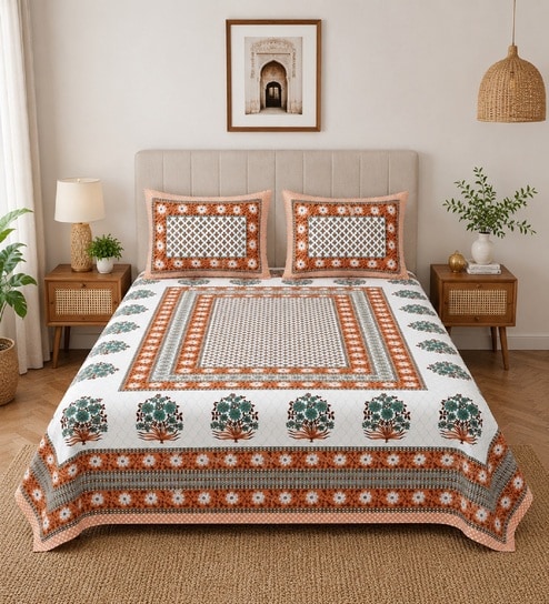 Brown Floral 100% Cotton King Size Bedsheet with 2 Pillow Covers
