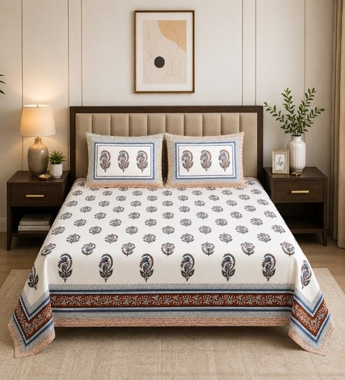 Brown Floral 100% Cotton King Size Bedsheet with 2 Pillow Covers