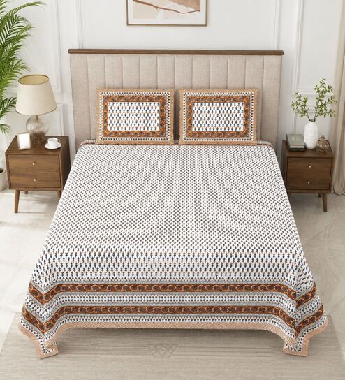 Brown Geometric 100% Cotton Super King Size Bedsheet with 2 Pillow Covers