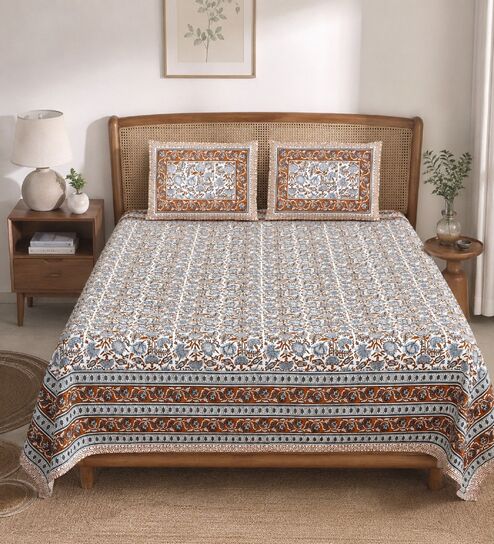 Brown Floral 100% Cotton Super King Size Bedsheet with 2 Pillow Covers