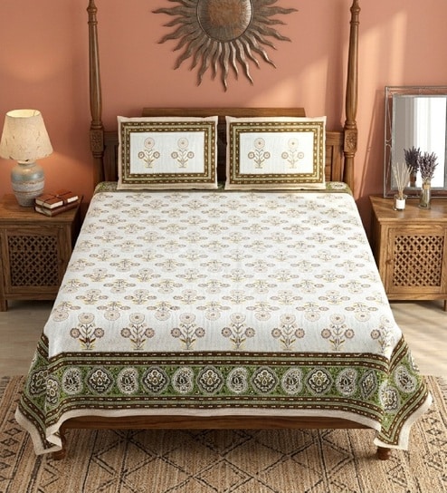 Green Floral 100% Cotton King Size Bedsheet with 2 Pillow Covers