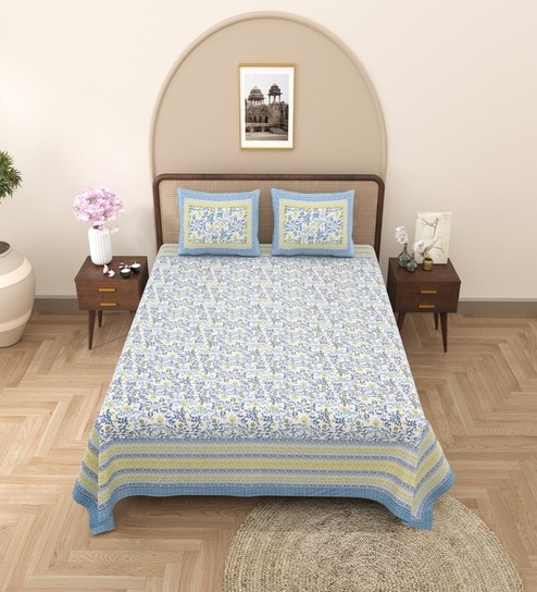 Green Floral 100% Cotton King Size Bedsheet with 2 Pillow Covers