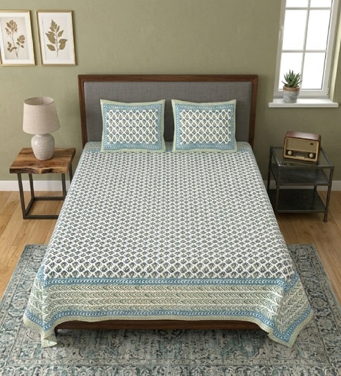 Green Floral 100% Cotton King Size Bedsheet with 2 Pillow Covers