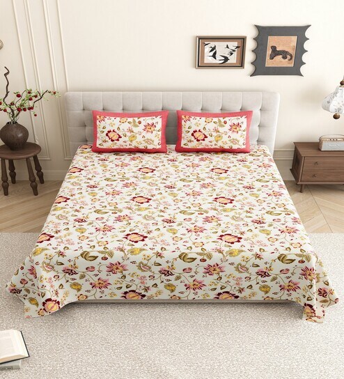Orange Floral 144 TC Cotton King Size  King Size Bedsheet With 2 Pillow Cover