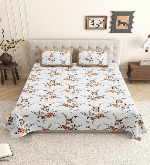Beige Floral 144 TC Cotton King Size  King Size Bedsheet With 2 Pillow Cover