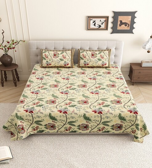Soft Yellow Floral 144 TC Cotton King Size  King Size Bedsheet With 2 Pillow Cover