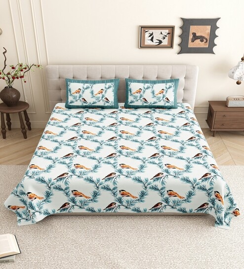 Blue Birds Print 144 TC Cotton King Size  King Size Bedsheet With 2 Pillow Cover