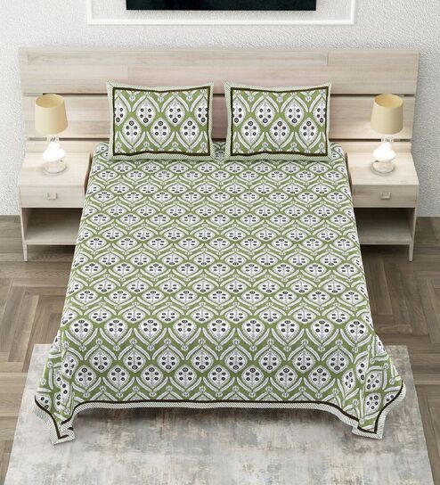 Light Green Floral 100% Cotton Super King Size Bedsheet with 2 Pillow Covers