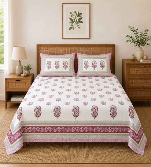 Maroon Floral 100% Cotton Super King Size Bedsheet with 2 Pillow Covers