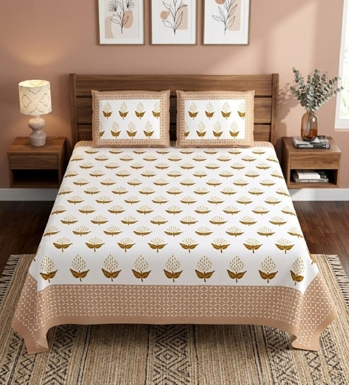 Mustard Floral 100% Cotton King Size Bedsheet with 2 Pillow Covers
