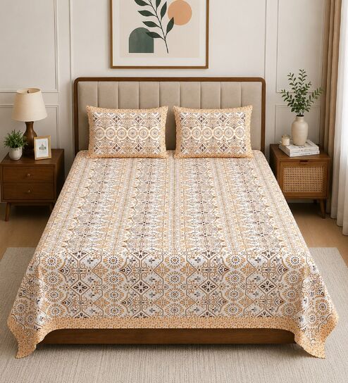 Orange Traditional 100% Cotton King Size Bedsheet with 2 Pillow Covers