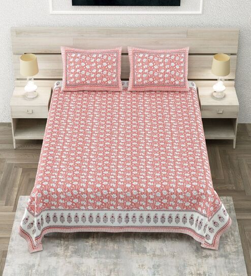 Peach Floral 100% Cotton Super King Size Bedsheet with 2 Pillow Covers