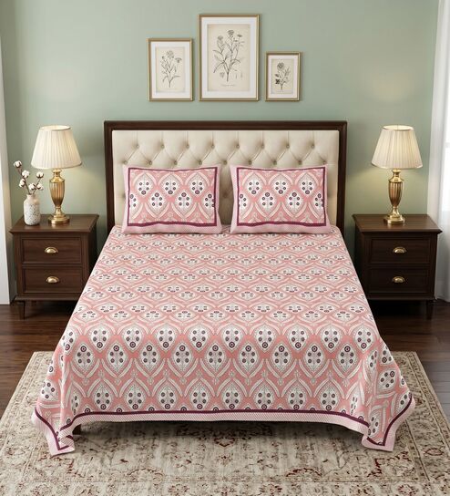 Peach Floral 100% Cotton Super King Size Bedsheet with 2 Pillow Covers