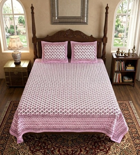 Pink Floral 100% Cotton King Size Bedsheet with 2 Pillow Covers