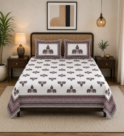 Purple 210 TC 100% Cotton Elephant Printed Super King Size Bedsheet with 2 Pillow Covers