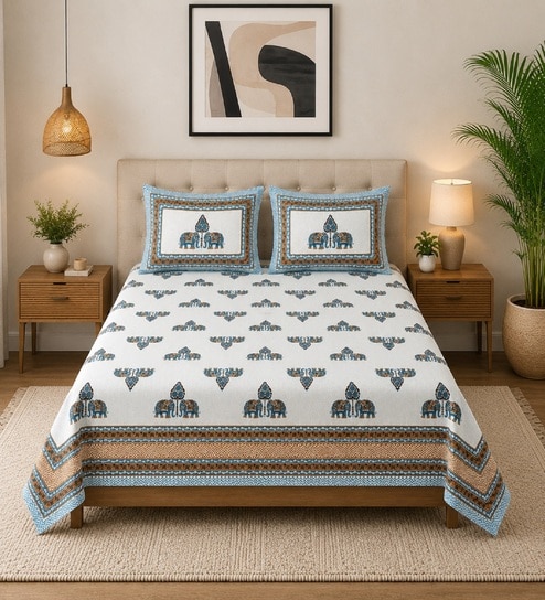 Skyblue 210 TC 100% Cotton  Elephant Printed Super King Size Bedsheet with 2 Pillow Covers