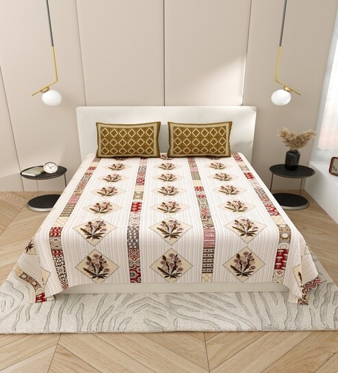 Cream And Brown Traditional print 144 TC Cotton Size Double  Bedsheet With 2 Pillow Cover
