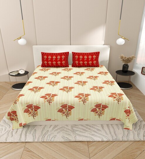 Yellow Block Print  144 TC Cotton King Size  Bedsheet With 2 Pillow Cover