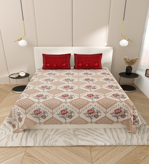 Cream Floral 144 TC Cotton King Size  Bedsheet With 2 Pillow Cover