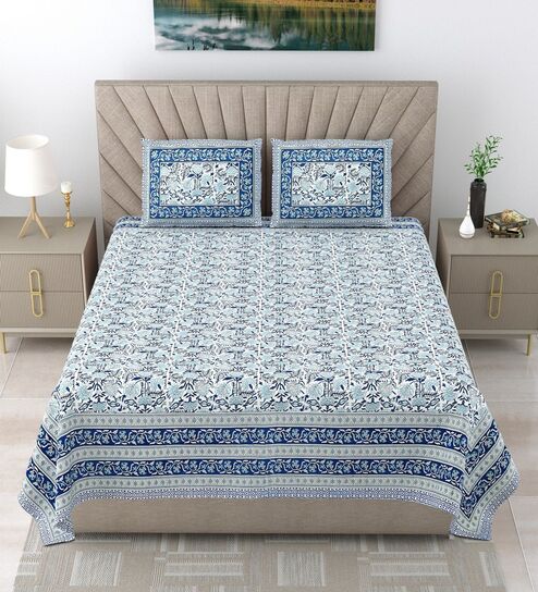 Blue Floral 100% Cotton King Size Bedsheet with 2 Pillow Covers