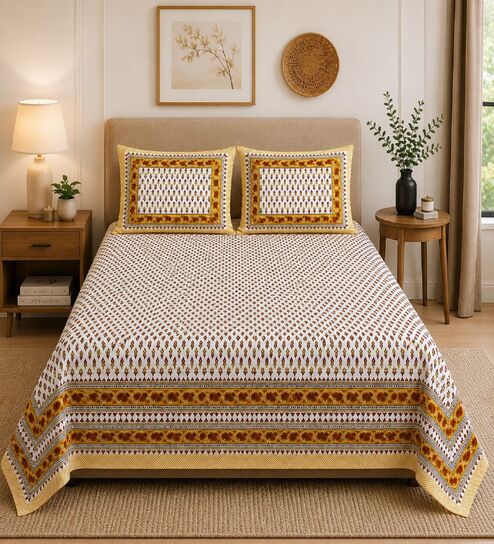 Yellow Geometric 100% Cotton Super King Size Bedsheet with 2 Pillow Covers