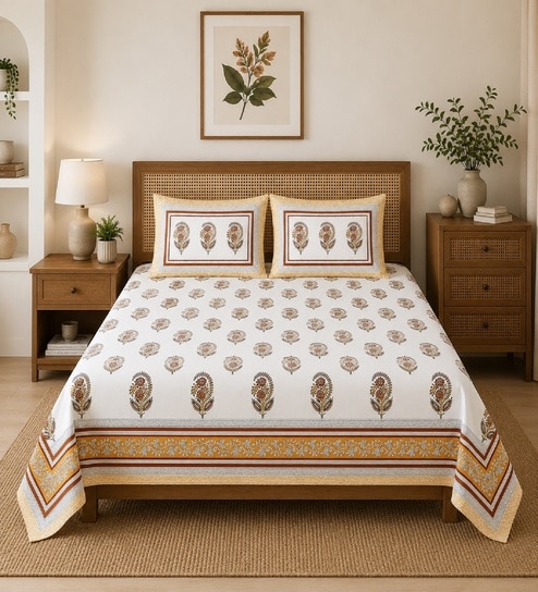 Yellow Floral 100% Cotton Super King Size Bedsheet with 2 Pillow Covers