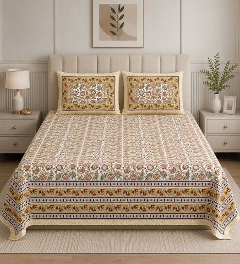 Yellow Floral 100% Cotton Super King Size Bedsheet with 2 Pillow Covers