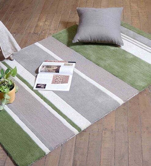 Green 100% Wool Geometrical 4  x 6  Feet Hand Tufted Carpet by Zeba