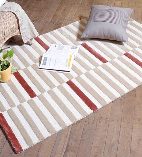 Beige Geometric 100% Wool 4 ft x 6 ft Hand Tufted Carpet by Zeba