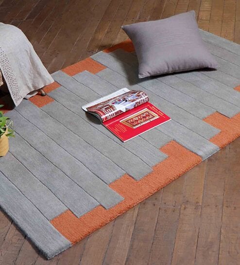 Grey Striped 100% Wool 4 ft x 6 ft Hand Tufted Carpet by Zeba